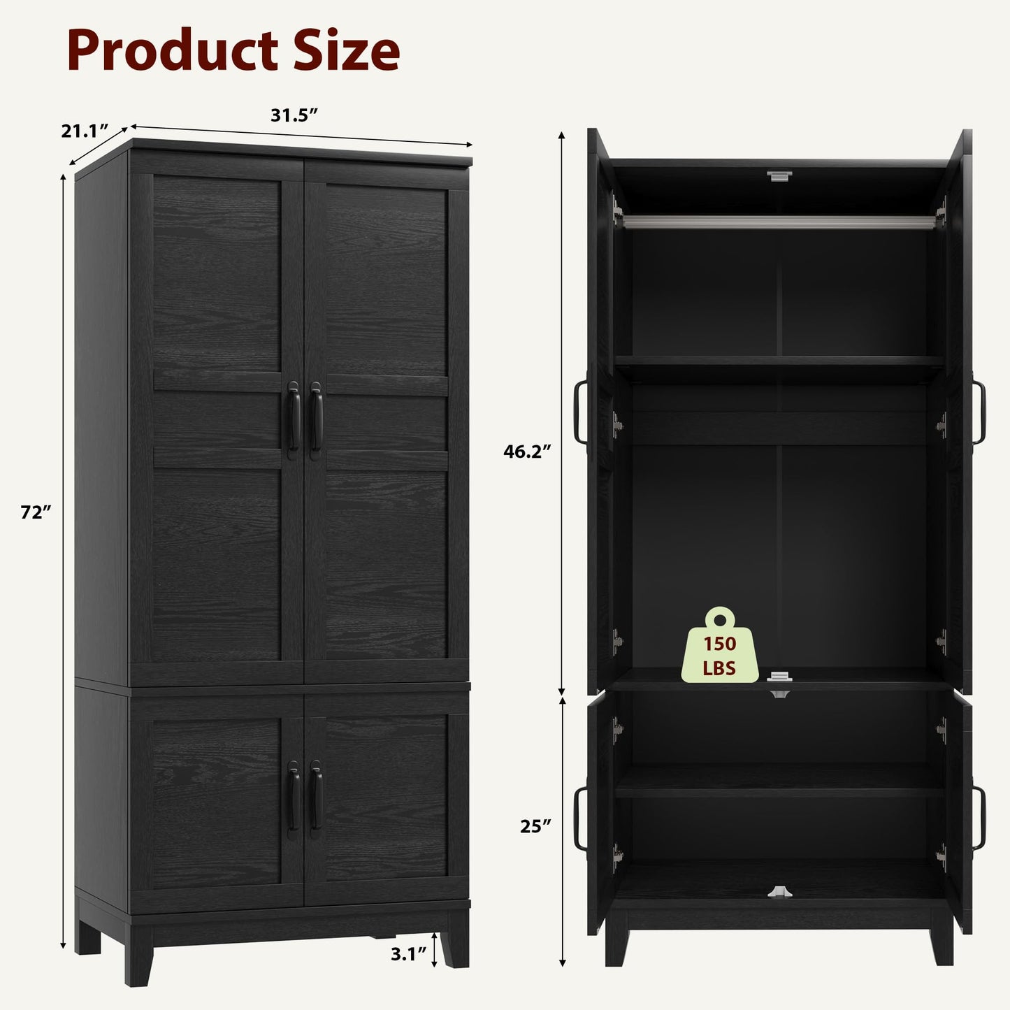 GarveeHome Armoire Wardrobe Closet with 4 Doors, 72 in Wooden Wardrobe Cabinet with Hanging Rod, Freestanding Tall Clothing Armoire Storage Cabinet with Adjustable Shelves for Bedroom, Black