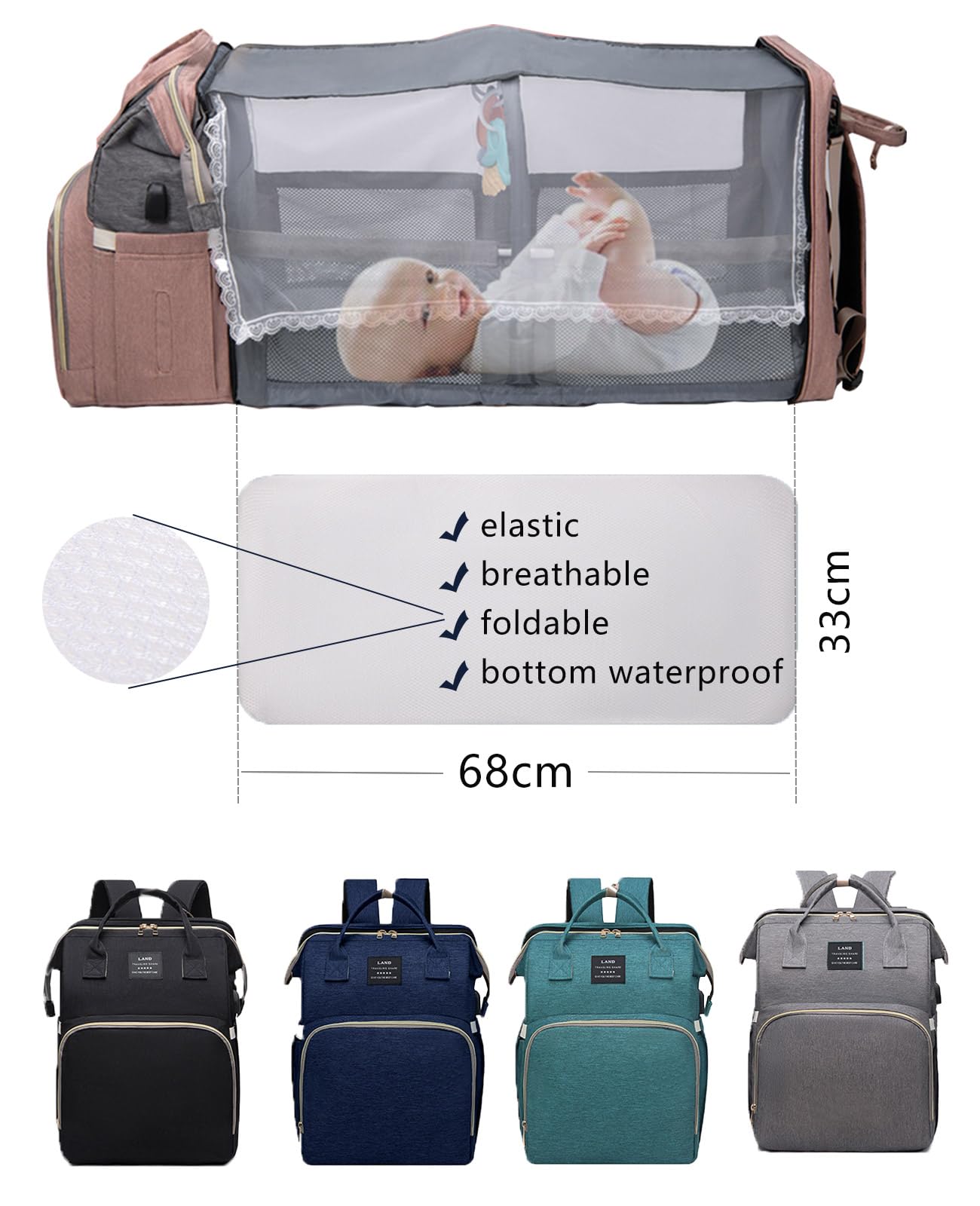 houscly Diaper Bag Backpack with Changing Station: Pink Baby Bags for Girls Boys New Mom Gifts Pañaleras Para Bebe Baby Girl Newborn Essentials Must Haves Baby Shower Gifts Baby Registry