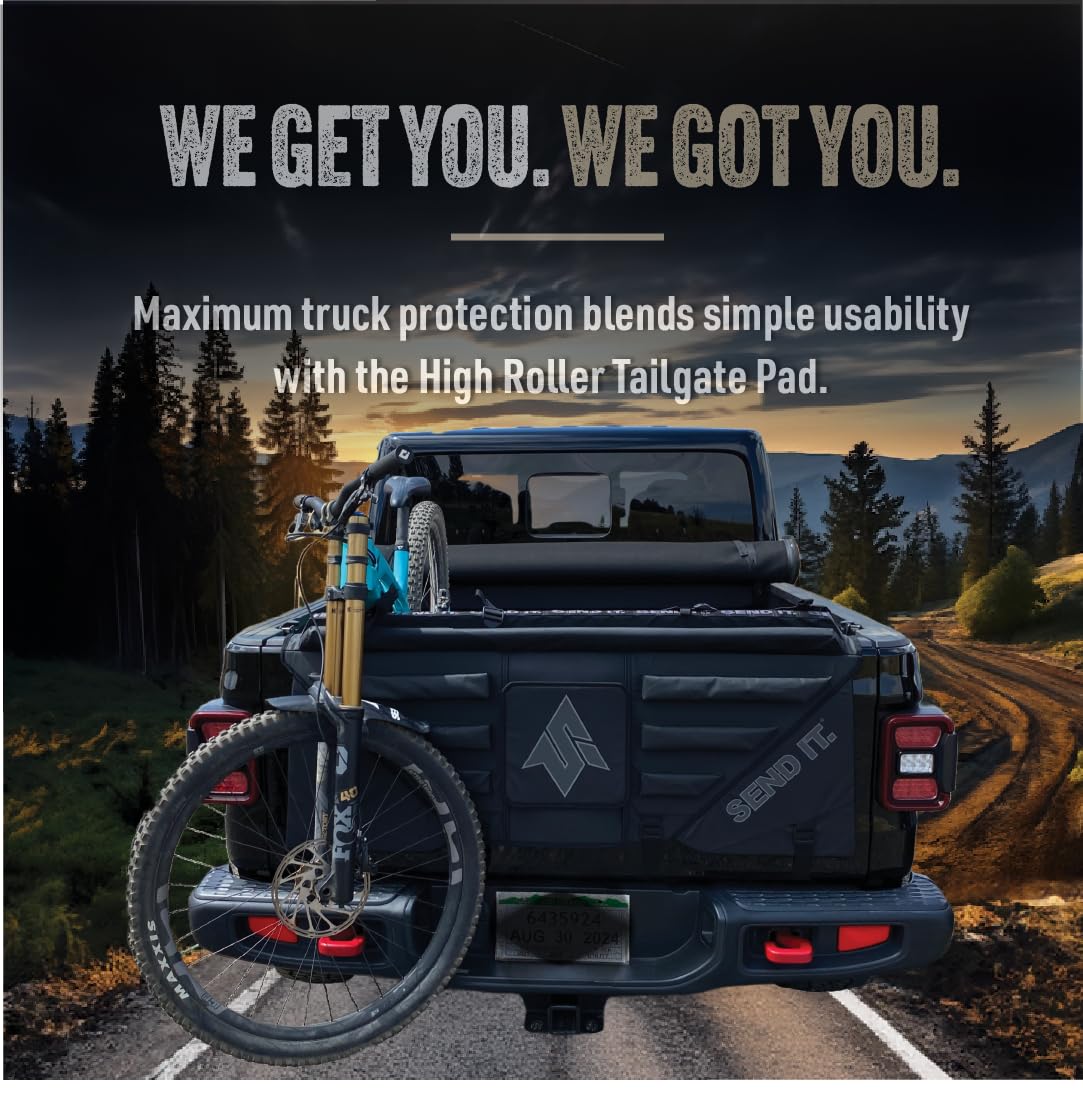 Send It. High Roller Tailgate Bike Pad V2 – Tailgate Pads for Trucks – Truck Bike Pad – Accessories for Mountain Bikers, BMX Bikes, Ebikes & More (Compact)