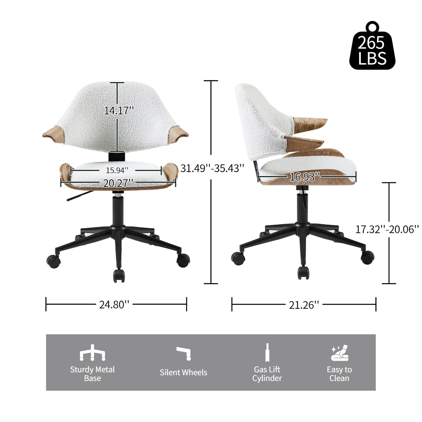 Art Leon Swivel Desk Chair, Mid Century Modern Office Chair with Wheels, Boucle Fabric Upholstered Arm Chair, Adjustable Height Task Chair with Metal Base, Washed Oak Bentwood, White