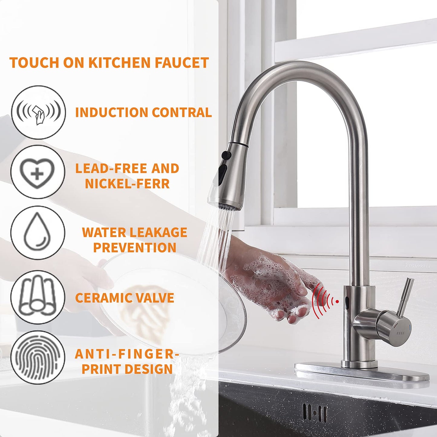 Touchless Kitchen Faucet with Pull Down Sprayer, Motion Sensor Kitchen Faucet with Kitchen Soap Dispenser, Single Kitchen Faucet High Arc Pull Out Faucet for Kitchen Sink RV,Brush Nickel