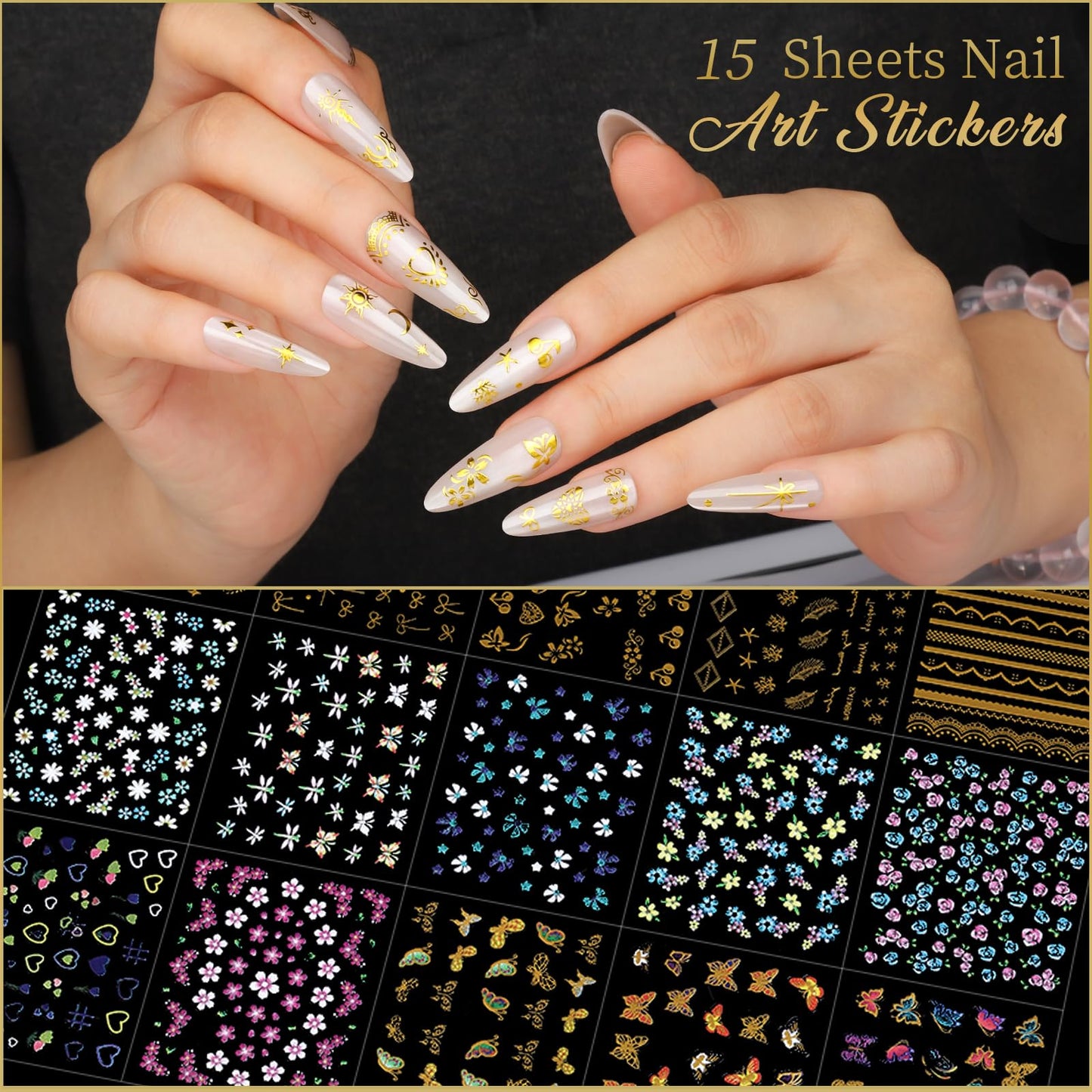 Teentior Nail Charms Nail Stickers with Nail Gems Kit, 8 Boxes Nail Art Rhinestones Gold Rhinestones for Nails, Nail Charms and Gems Pearls for Nails, 3D Nail Art Design Kit Nail Decorations for Women