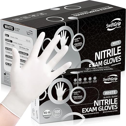SwiftGrip Disposable Nitrile Exam Gloves, 3-mil, X-Small, Case of 1000, White Nitrile Gloves Disposable Latex Free for Medical, Cleaning, Cooking & Esthetician, Food-Safe, Powder-Free, Non-Sterile