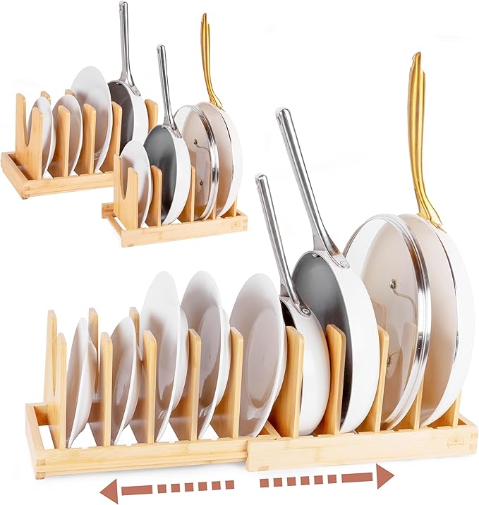 Pot and Pan Organizer for Under Cabinet â Bamboo Pot Lid Organizer for Cabinet with Magnetic Lock, Expandable 2-in-1, Adjustable Dividers, Non-Slip Base for Cutting Boards, Cookie Sheets, Bakeware