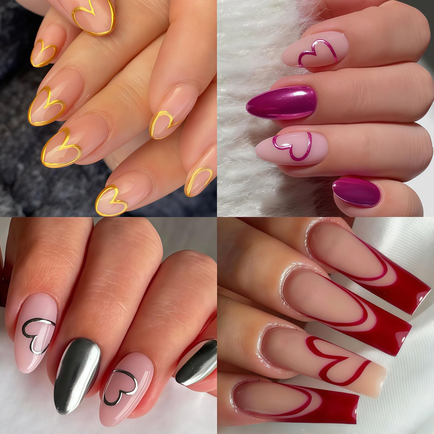 8 Sheets Heart Nail Art Stickers Valentines 3D Self-Adhesive Nail Decals Red Silver Gold Hollow Hearts Nail Design Heart Acrylic Decoration DIY for Women Manicure Supplies Decorations Accessories