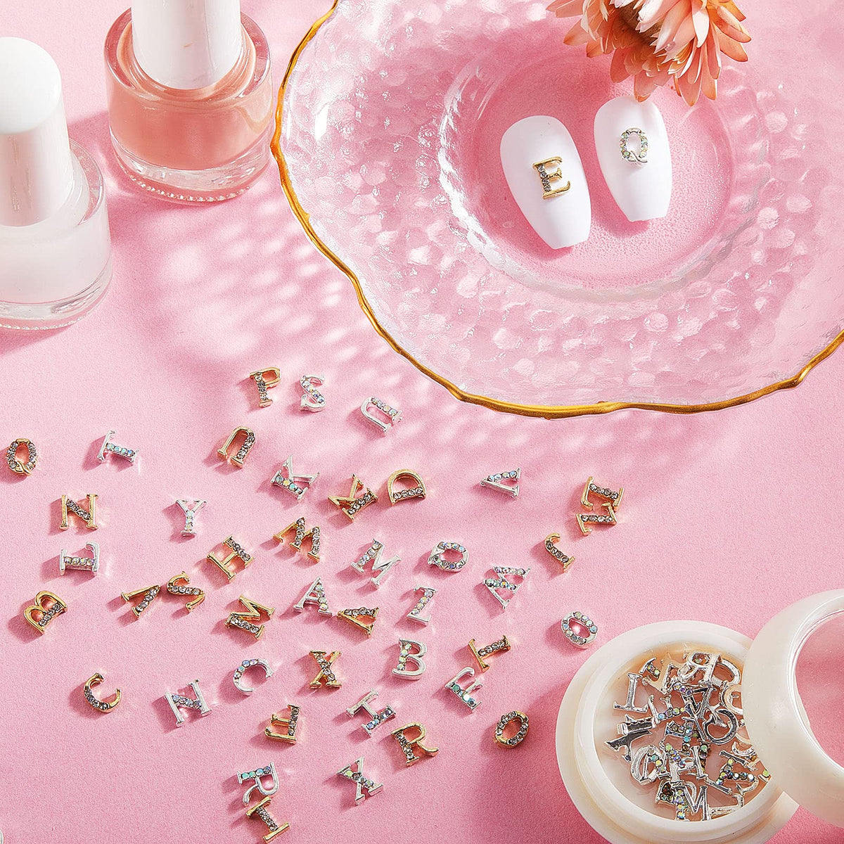Maitys 104 Pcs Gold Silver Letter Nail Charms 3D Capital Charms Studs Letters and Rhinestone Crystal Nail Decals English Alphabet Fingernail Art Decoration for Women Female DIY Fingernail Art