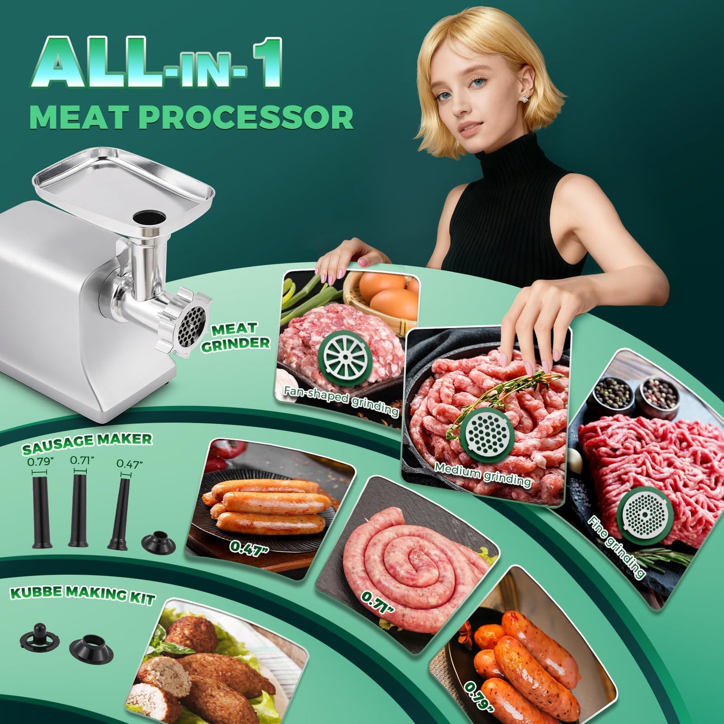 Huanyu Electric Meat Grinder 2800W Max Heavy Duty with 5 Sets of Stainless Steel Vegetable Shredder Blades, French Fry Blade, 3 Sausage Stuffers & Kubbe Kit Multifunctional for Home Kitchen Use