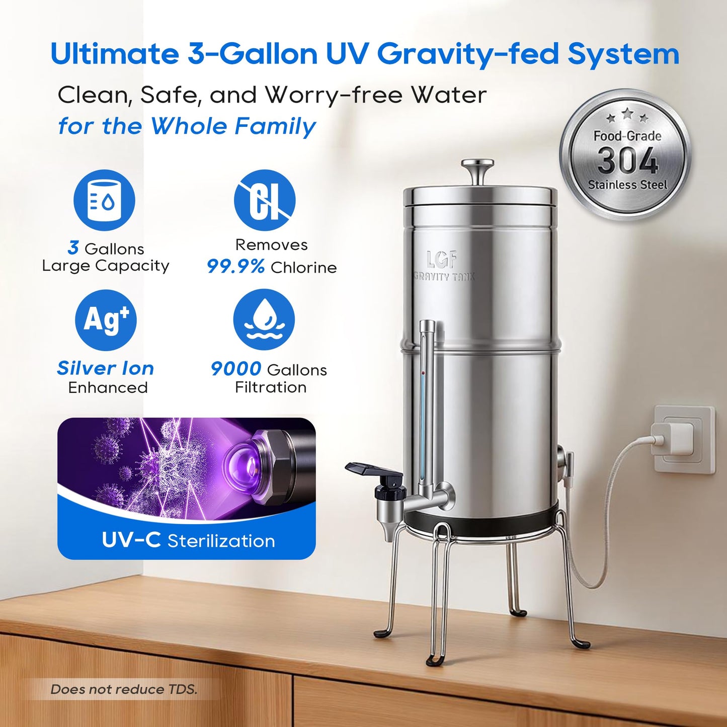 LCF ππ’π₯π―ππ« ππ¨π§π¬ Enhanced UV-C Gravity Water Filter, Advanced Alternative to Berkey Water Filter System, NSF42 Standard, Reduces 99% Chlorine & BaΓ§tΡria, 6 Filters, Water Level Spigot, 3Gal