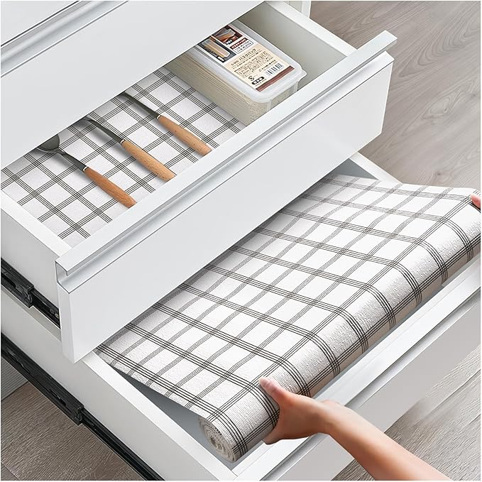Drawer and Shelf Liner, Non-Slip Kitchen Cabinet Liners Non-Adhesive Thick Strong Grip Waterproof Washable Mats Protect Dresser Shelves Cupboard Bathroom Cabinets, White Stripes, 12 in X 20 FT