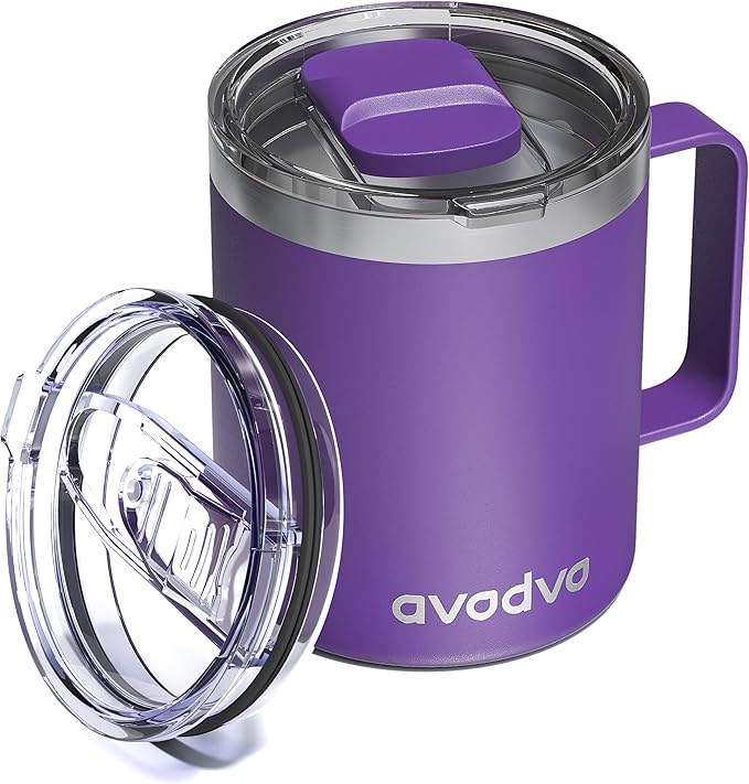 12oz Insulated Coffee Mug with Lid â Includes Two Lids, Stainless Steel Coffee Travel Mug with Handle, Double Wall Vacuum Insulated Camping Mug for Home, Office & Outdoor, Dark Purple