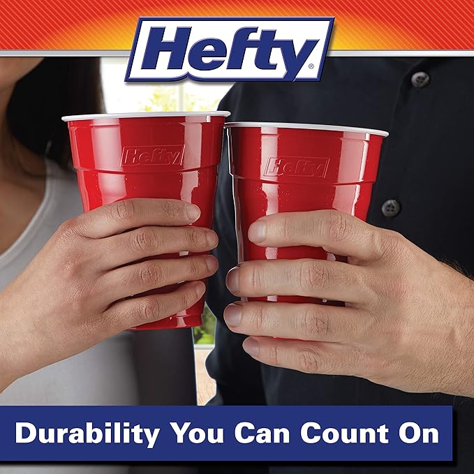 Hefty Party On Disposable Plastic Party Cups, 30 Count, 18 Oz Red Cups for Parties, Tailgates, Birthdays, Holidays, and More, Contoured Shape for Easy Gripping, Strong and Durable