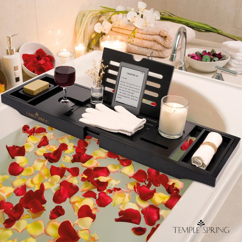 Temple Spring Bamboo Bathtub Tray Caddy for Tub — Expandable Wood Bath Tray with Solid Book Stand Wine Holder and Non-Slip Pads — Includes Bamboo Soap Dish and Spa Accessories — Luxury Bath Gift Set