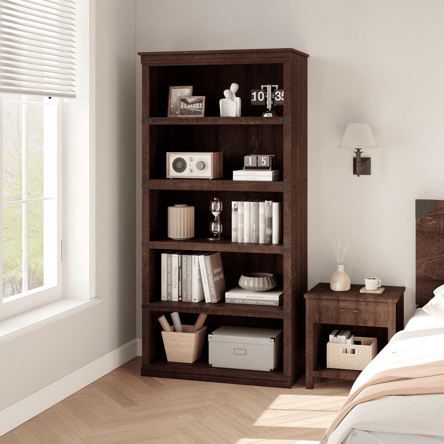 5 Tier Farmhouse Bookcase, 67.4" Tall Book Shelf with Storage, Wooden Bookshelves 5 Shelf Display Shelves for Home Office(67.4" H x 31.5" W x 12.8" D) (Reddish Brown, 67.4" H x 31.5" W x 12.8" D)