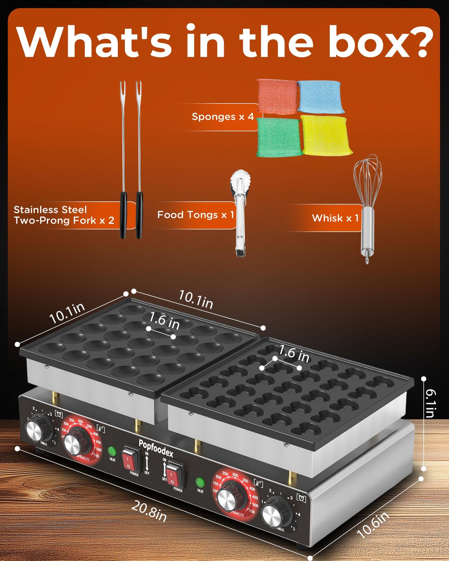 POPFOODEX 110V Mini Pancake Maker, 50PCS Commercial Dutch Pancake Griddle w/Non-Stick Coating, Pancakes Maker Machine With 2 Thermostats & 2 Timers, Suitable for Home Kitchens, Restaurants, Snack Bar