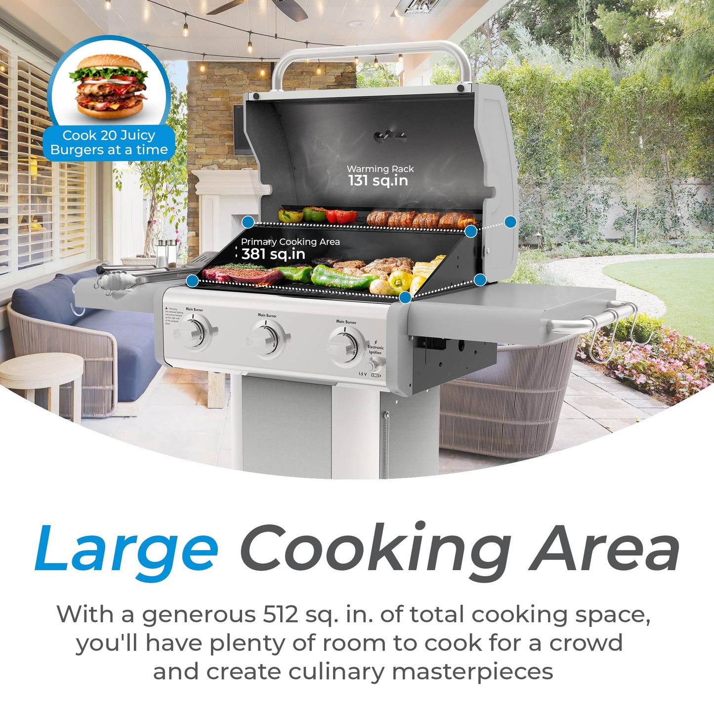 Kenmore 3-Burner Outdoor BBQ Grill | Liquid Propane Barbecue Gas Grill with Folding Sides, PG-A4030400LD-PE, Pedestal Grill with Wheels, 30000 BTU, Pearl White