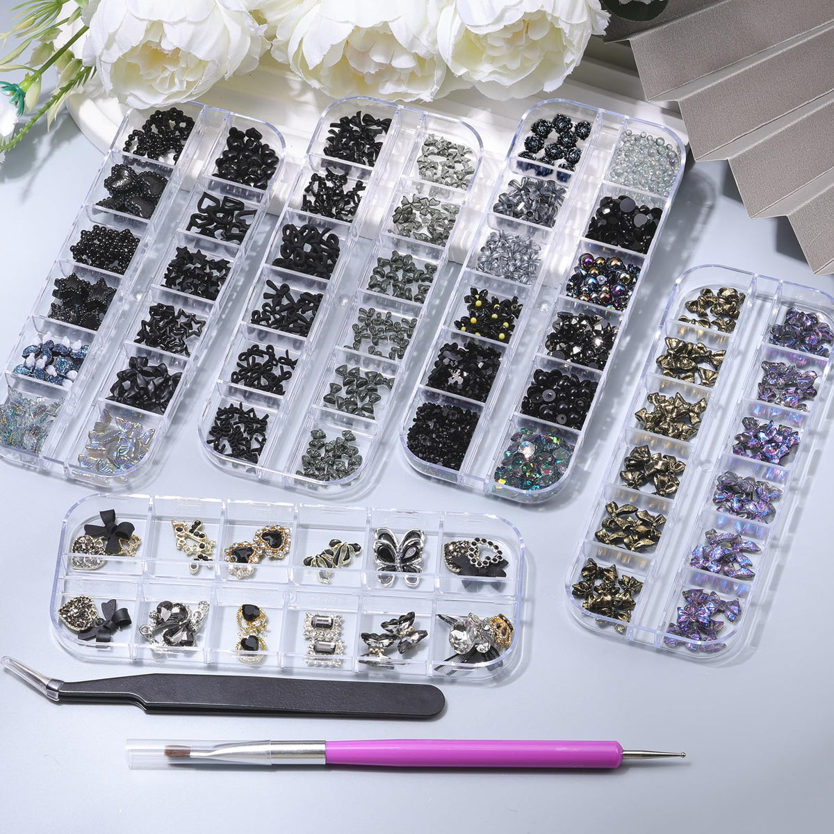 5 Boxes Black 3D Nail Charms Set, 24Pcs Y2k Alloy Nail Art Rhinestone Charms 3D Bow Flower Crown Heart Star with Tweezers and Dual-end Brush for Manicure Salon DIY Crafts,Face Makeup Gems Jewels