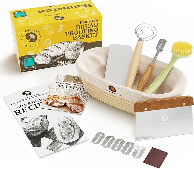 Superbaking 10" Oval Banneton Bread Proofing Basket Gift Set â Sourdough Starter Kit for Crusty Artisan Style Loaves, Includes Essential Bread Baking Supplies & Tools - Ideal Gift for Bakers