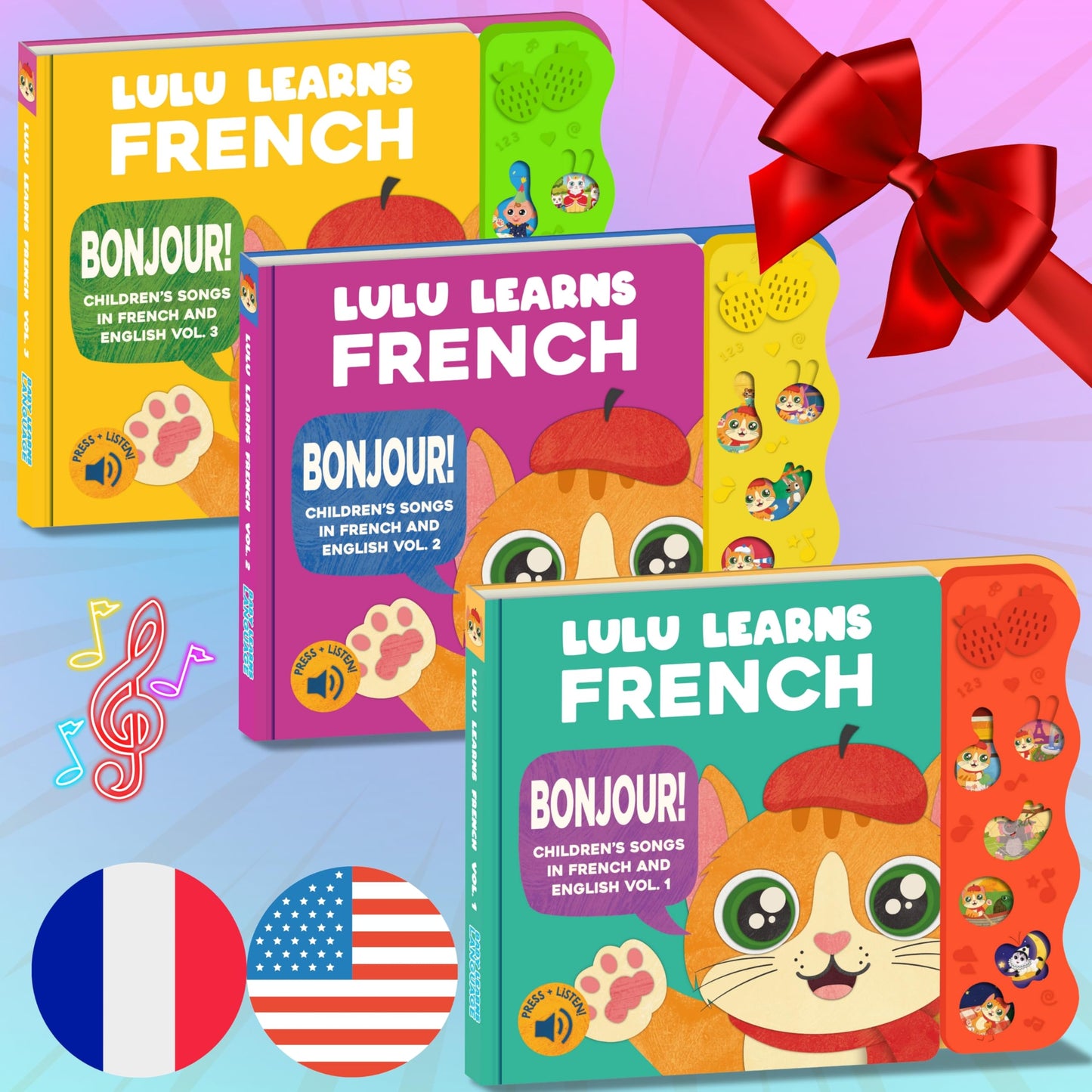 Lulu Learns French Vol. 1 — Interactive Sound Board Book for Toddlers 1-3, Bilingual English & French Songs & Music, Talking Musical Learning Toy and Gift for Babies & Kids