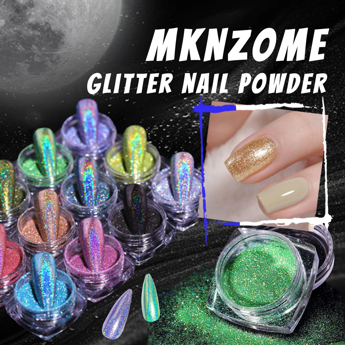 MKNZOME 12 Jars Holographic Nail Powder, Chrome Nail Powder Kit Black Blue Ultra Fine Glitter Powder Set, Rainbow Neon Pigment Manicure Glitter Dust with 12 Pcs Dual Sides Sponge Applicators