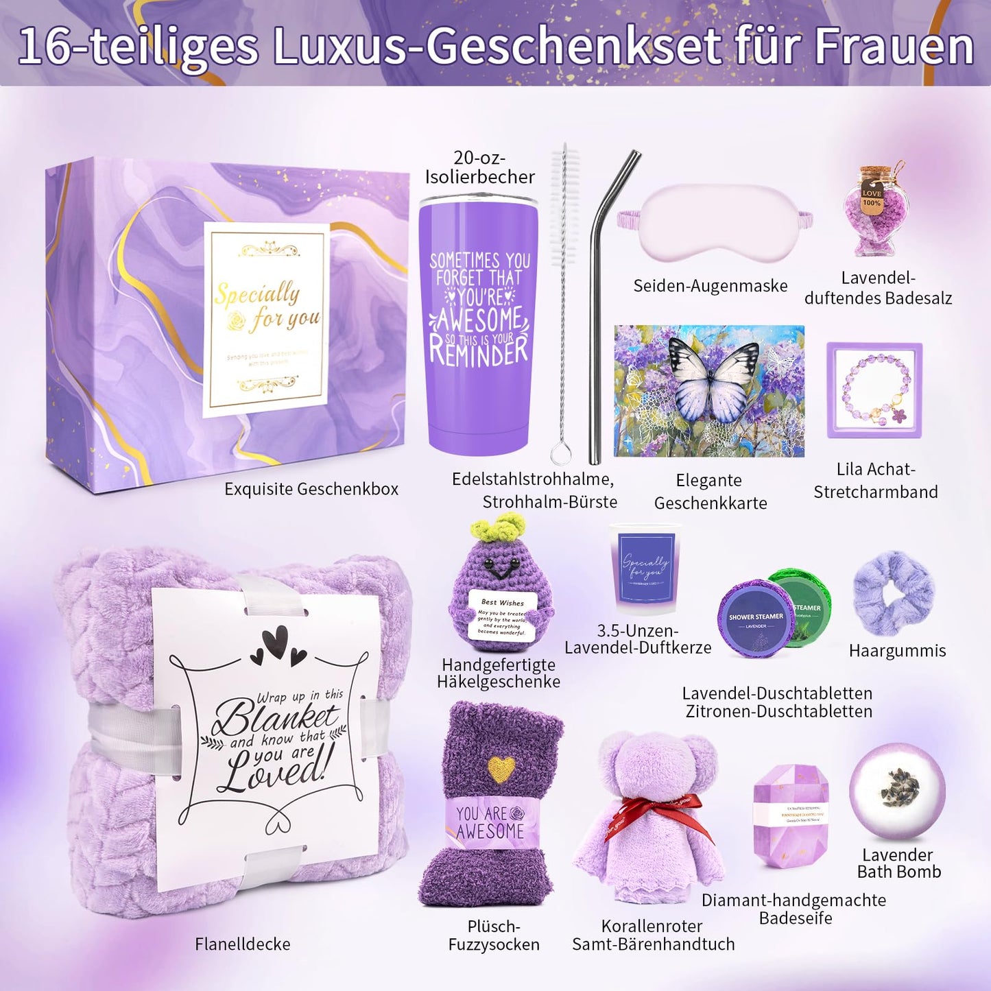 Gifts for Women Spa Basket, Lavender Spa Gift Basket,16 Pcs Self Care Package for Women, Mom, Wife, Girlfriend, Sister, Unique Get Well Sets for Birthday, Mother's Day, Christmas, Valentine's Day