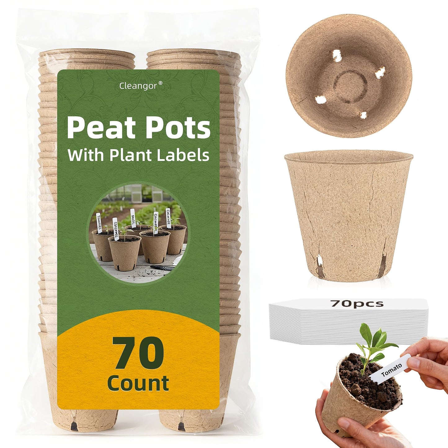 CLEANGOR 70Pcs Biodegradable 4â Peat Pots with 70Pcs Plant Labels, Biodegradable Seed Starter Pots with Drainage Holes, Nursery Pots for Seedlings, Herbs, Vegetables, Flowers, Gardening Kit