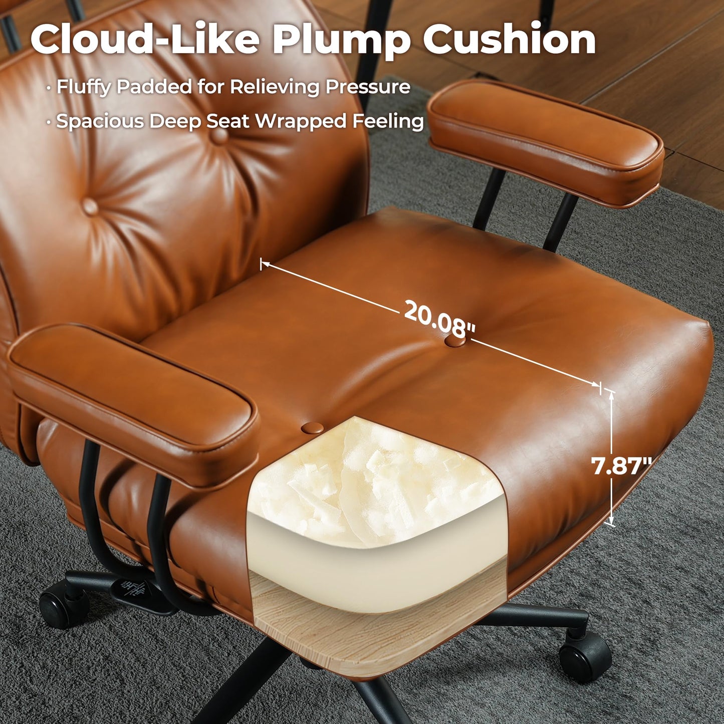 ovios Ergonomic Office Chair, High Back Faux Leather Executive Chairs with Thick Cushion, Comfy Mid-Century Modern Swivel Rolling Computer Armchair (Brown, PU Leather)