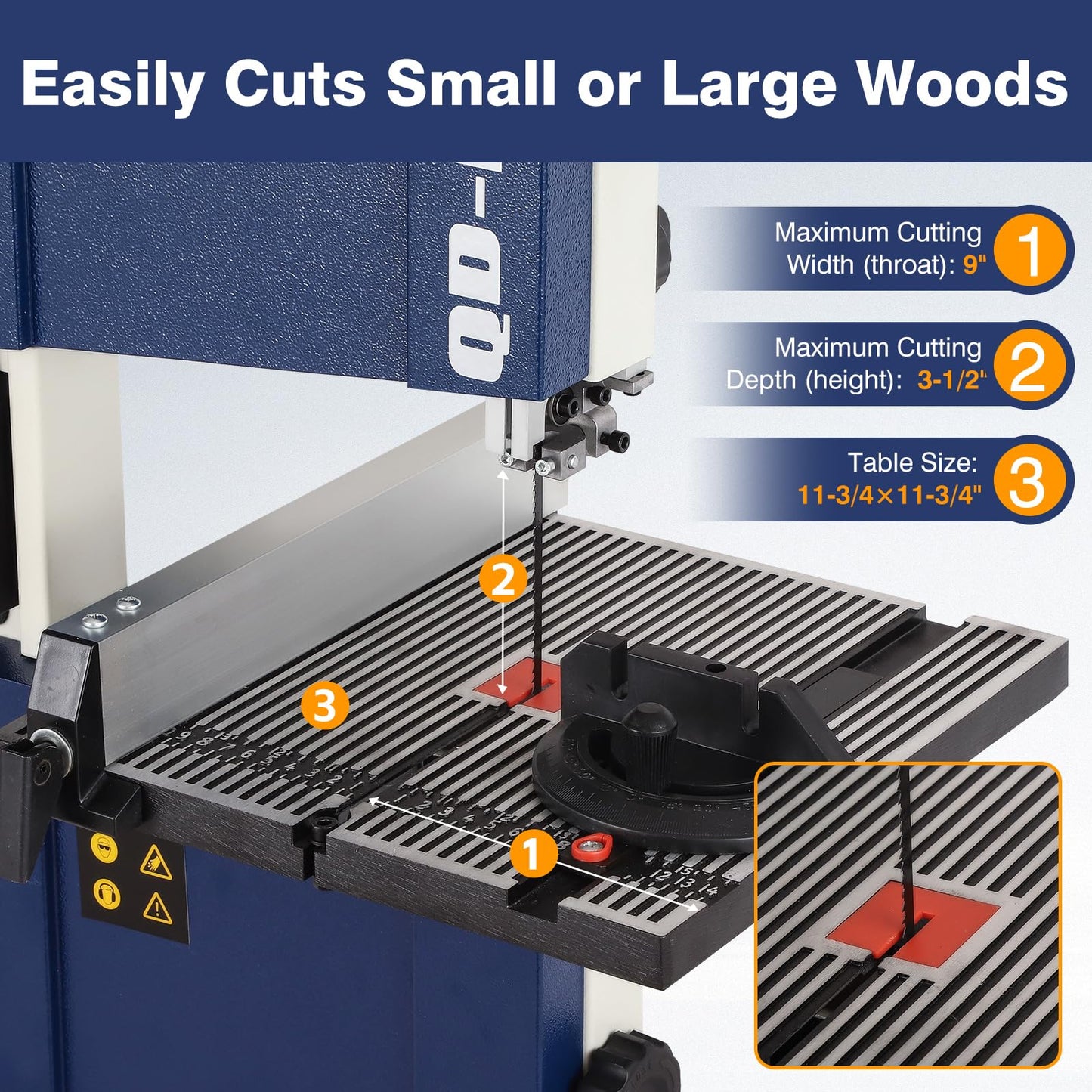 QD-KYOHO Band Saw, Portable 9-Inch Bandsaw for Woodworking, 770 FPM Benchtop, 1/3 HP, 120 V 2.5-Amp Motor, Band Saws with Cast-Aluminum Worktable with Scale, Steel Bandsaws with Miter Gaug