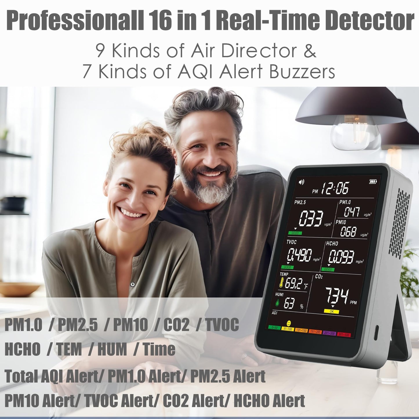 Professional Indoor Air Quality Monitor with AQI, Portable Real-Time Detector for Home Cars Plants and Pets (Gray)