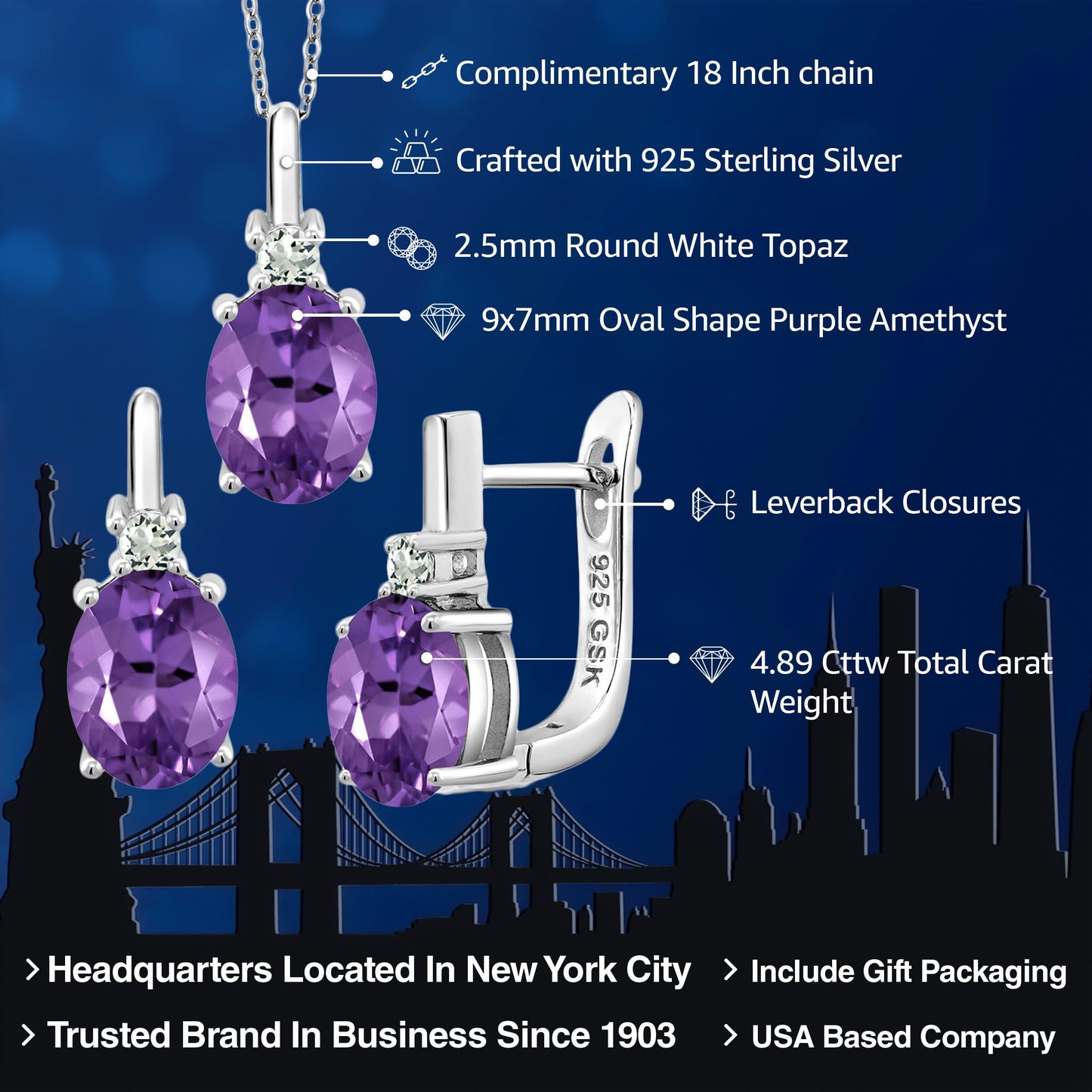Gem Stone King 5.06 Ct Oval Purple Amethyst White Topaz 925 Sterling Silver Pendant and Earrings Jewelry Set