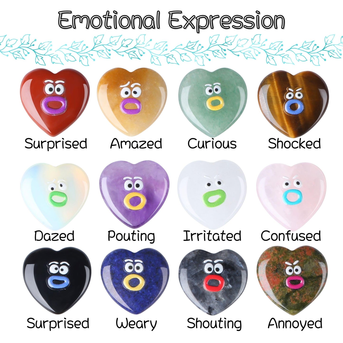 XIANNVXI Funny Emotion Heart Polished Stone Gift 12pcs Natural Heart Healing Crystals Stones Mothers Day Graduation Birthday Gifts for Women Cute Emoji Carving Figurine Crystals Present