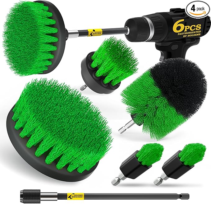 Holikme 6Pack Drill Brush Power Scrubber Cleaning Brush Extended Long Attachment Set All Purpose Drill Scrub Brushes Kit for Grout, Floor, Tub, Shower, Tile, Bathroomï¼Scrub Brush Green
