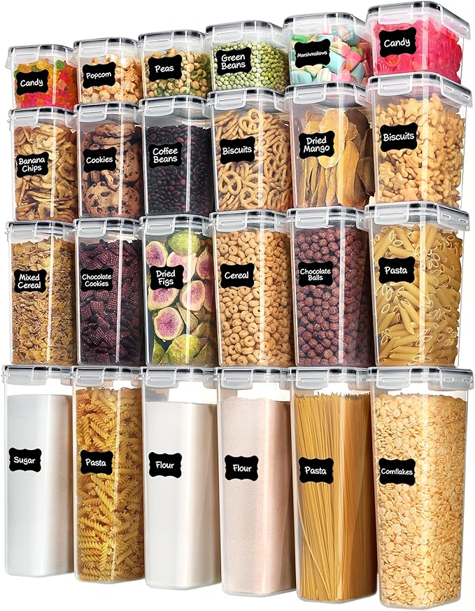 Airtight Food Storage Containers with Lids, Vtopmart 24 pcs Plastic Kitchen and Pantry Organization Canisters for Cereal, Dry Food, Flour and Sugar, BPA Free, Includes 24 Labelsï¼ÂBlack