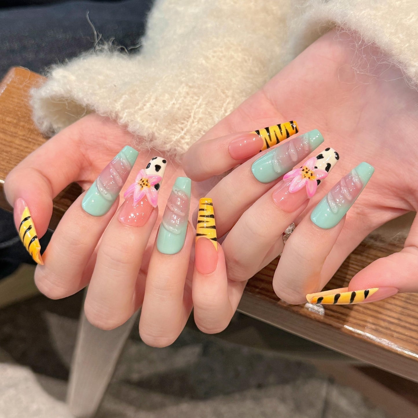 Tesytto Handmade Press on Nails Long Coffin Muti-Layer Gel Fake Nails - 3D Lotus Flowers & Tiger Print, French Tip Glossy Thick Acrylic Nails (Playful Zebra with Lotus,S)