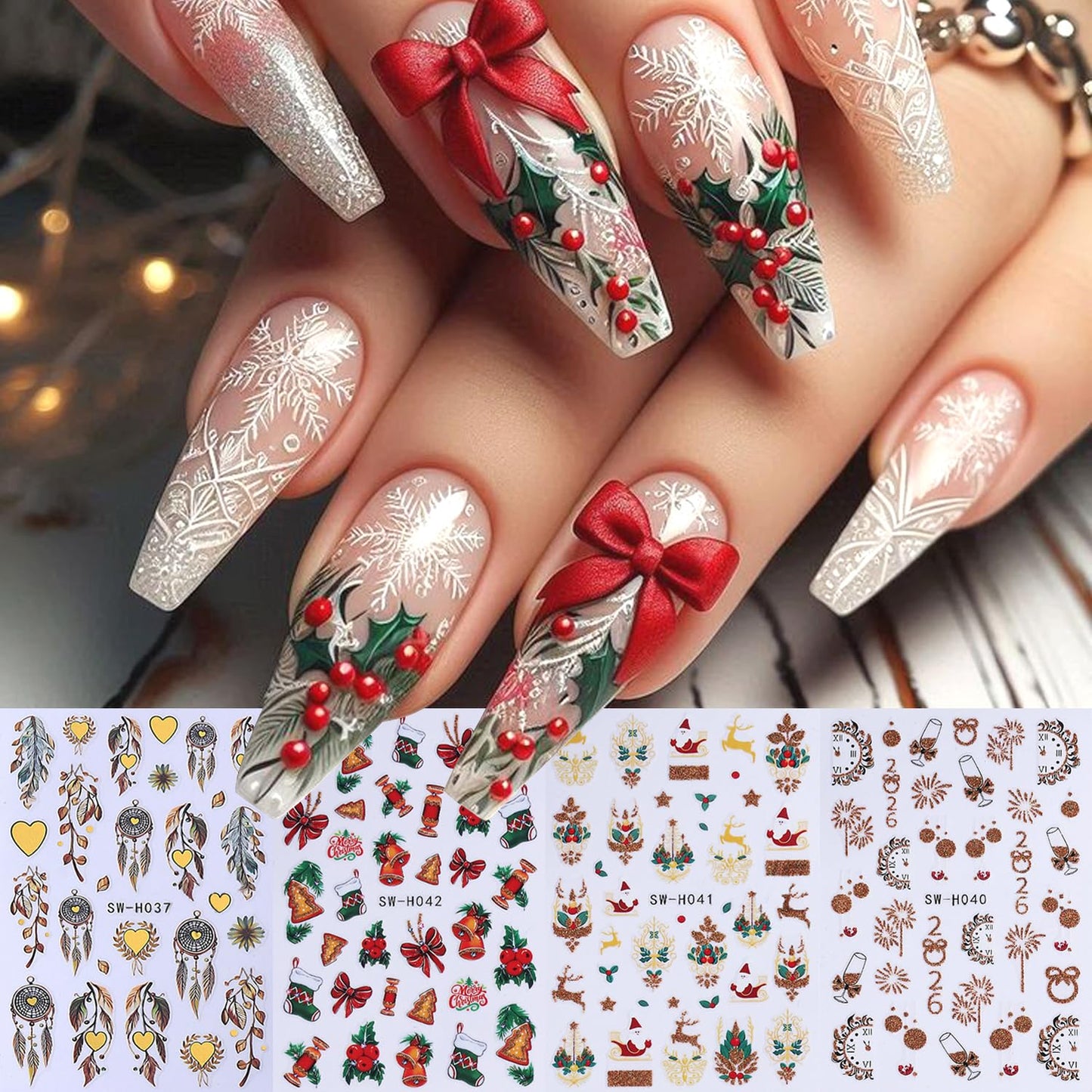 4Sheets Christmas Nail Art Stickers 3D Self-Adhesive Sock Bell Bow Nail Decals for Acrylic Nails Heart Dream Catcher Designs Nail Sticker Glitter Santa Claus Elk Nail Decal for Women DIY Nails Decor