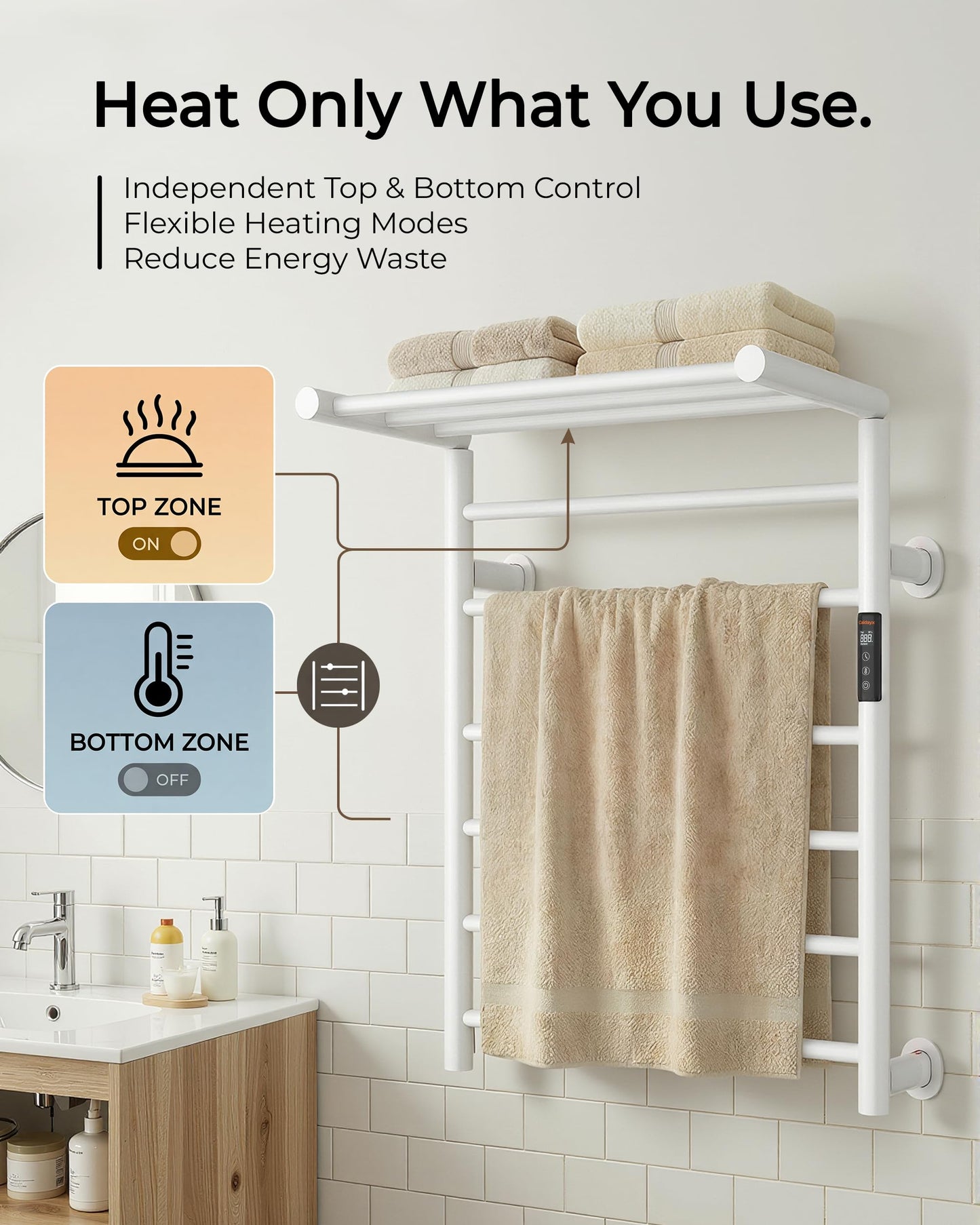 Caldayx Foldable Heated Towel Rack, Dual-Zone Electric Towel Warmer Rack with Timer, GFCI Plug-in or Hardwired, Wall-Mounted, Drill-Free Installation, Matte White, CA3-900X550-Standard-MW