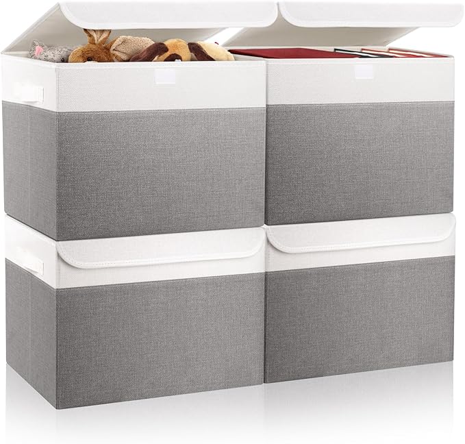Bagnizer Large 22 Quart Linen Fabric Foldable Storage Bin Cube Organizer Basket with Flip-Top Lid & Handles, Clothes Blanket Box for Home, Office, Closet, Gray & White, 4 Pack 14.6 x 9.5 x 9.5â