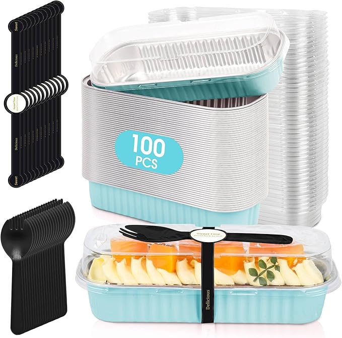 100 Pack Mini Cake Pans with Lids and Spoons, Disposable Aluminum Foil Cake Tinsï¼6.8ozï¼ Individual Small Cake Baking Containers for Party, Wedding, Birthday
