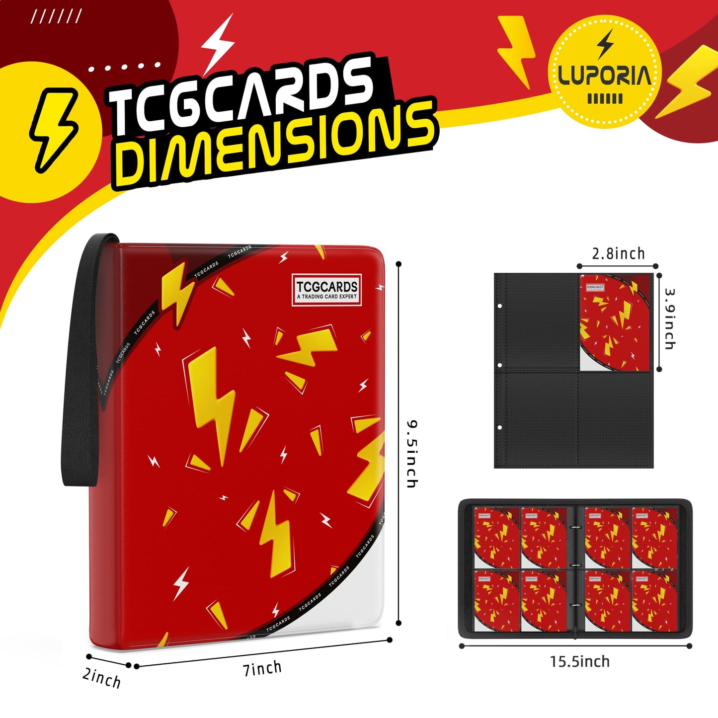Trading Card Binder 4 Pocket,400 Pocket Card Collection Binder with 50 Removable Sleeves,PU Waterproof Top Card Book,3-Ring Zipper Collectible Trading Card Album for MTG/TCG/Card Holder Gift(Red)
