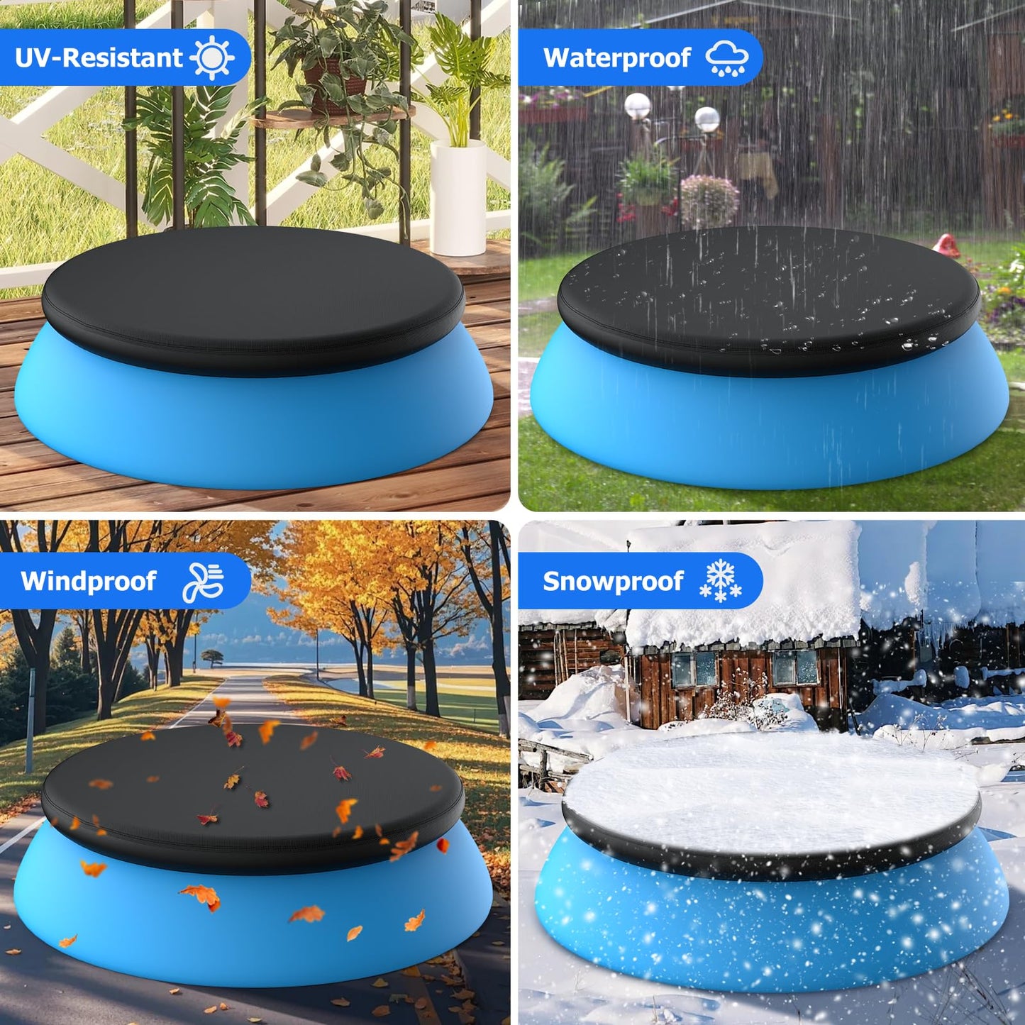 12 ft Round Pool Cover, Compatible with Intex/Bestway Outdoor Round Inflatable Above Ground Swimming Pool, Elastic Bands for Easy Installation, No Drain Holes, Prevent Leaves, Debris and Dust