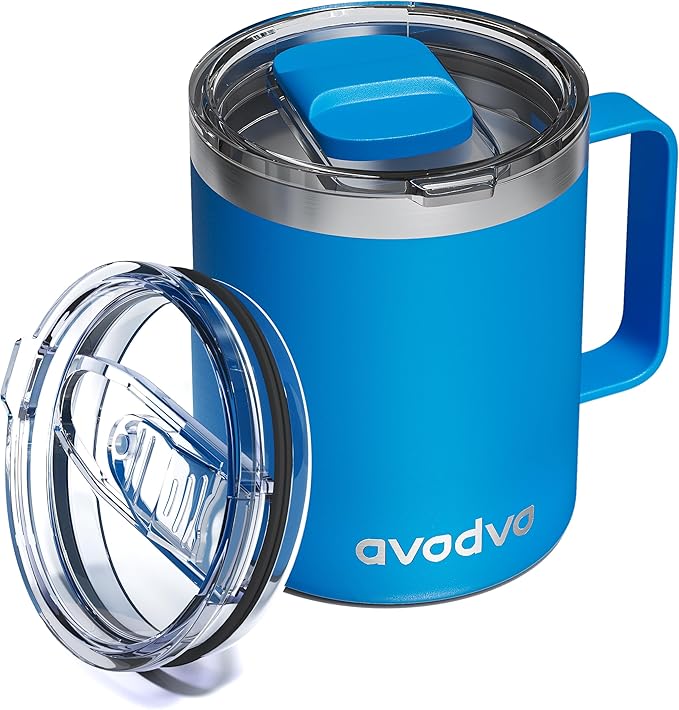 12oz Insulated Coffee Mug with Lid â Includes Two Lids, Stainless Steel Coffee Travel Mug with Handle, Double Wall Vacuum Insulated Camping Mug for Home, Office & Outdoor, Sapphire Blue