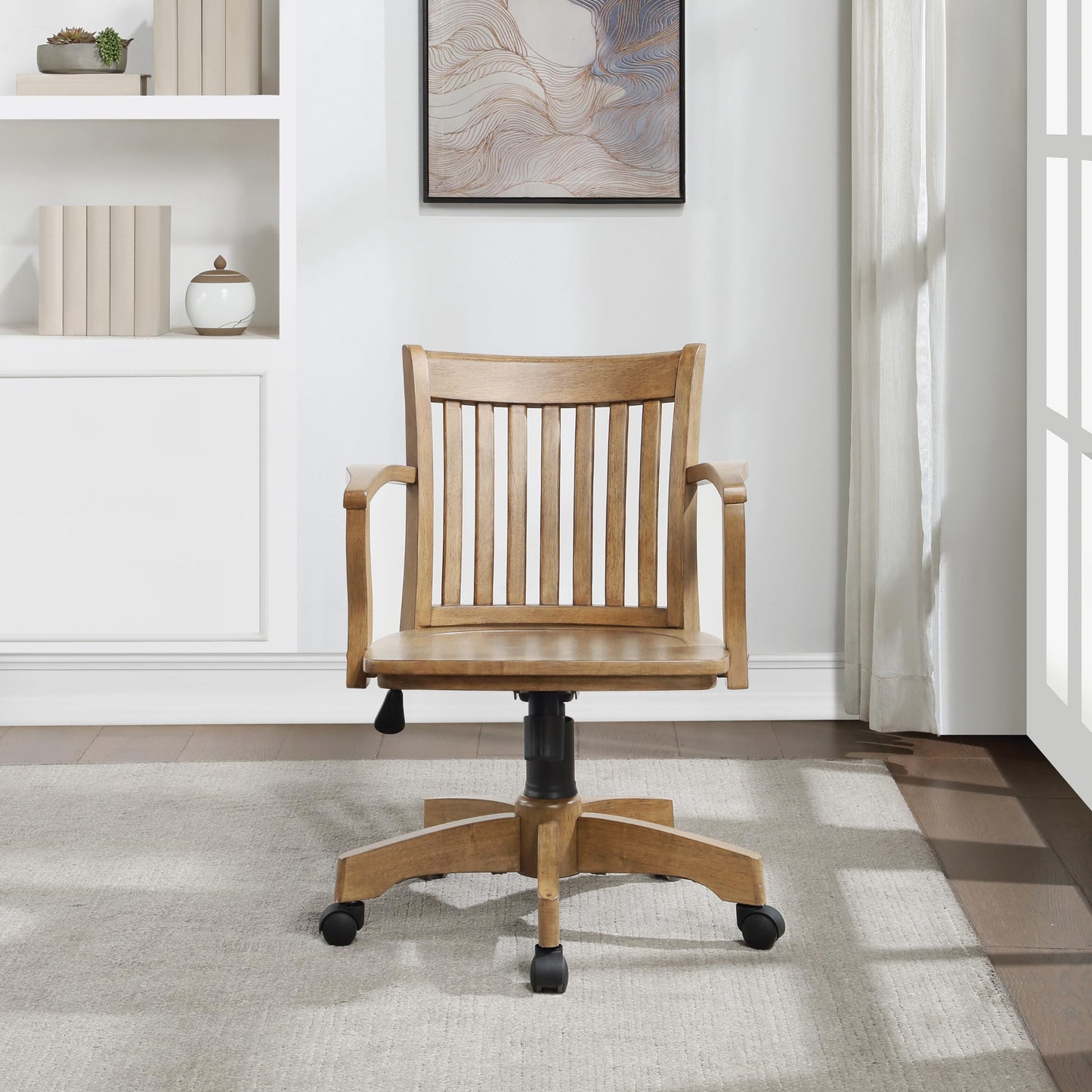 OSP Home Furnishings Deluxe Wood Banker's Home Office Desk Chair with Adjustable Height, Locking Tilt and Heavy Duty Base, Medium Oak Finish