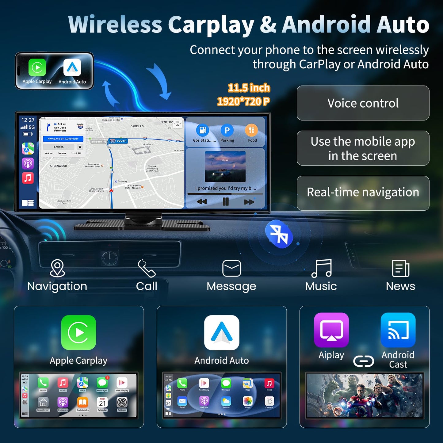 Largest 11.5'' Carplay Screen for Car, Wireless A-pple Carplay & Android Auto Car Stereo Touchscreen with 4K Dash Cam and 1080P Backup Camera,Voice Control/GPS Navigation/Mirror Link/Bluetooth/AUX/FM
