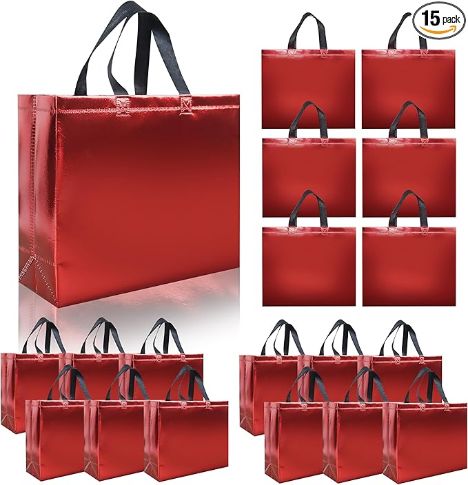cabzymx 15 Pcs Glossy Red Reusable Gift Bags with Handles, 12.6 x 4.7 x 11 In Party Bags with Sturdy Base, Holiday Goodie Bag Bulk for Birthday, Wedding, Party, Xmas