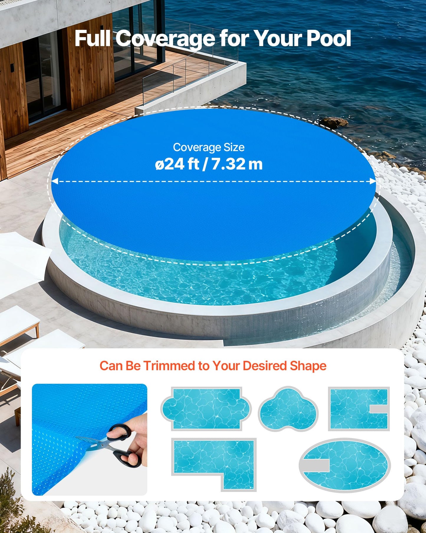VEVOR Solar Pool Cover, 24 ft Round Pool Bubble Cover, 8 Mil Pools Solar Blanket with Bubble & PE Material, Daytime Heat Absorption, Nighttime Heat Retention, Heat Retaining Solars Covers, Blue