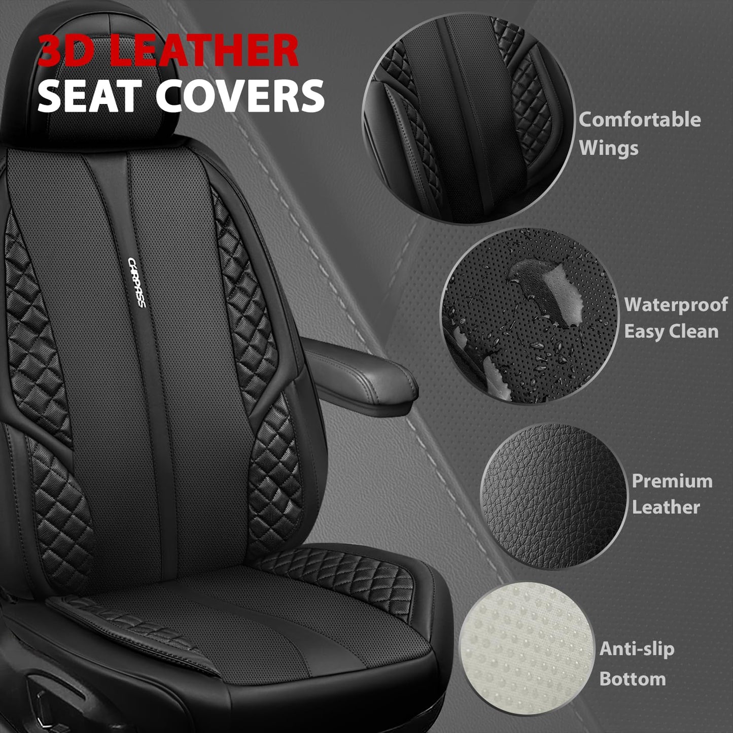 CAR PASS Nappa PU Leather Car Seat Covers Full Set Waterproof Protector Durable Cushioned,Universal Fit for Sedan SUV Pick-up Truck,Automotive, Anti-Slip and Backseat Luxury Premium Deluxe(Black)