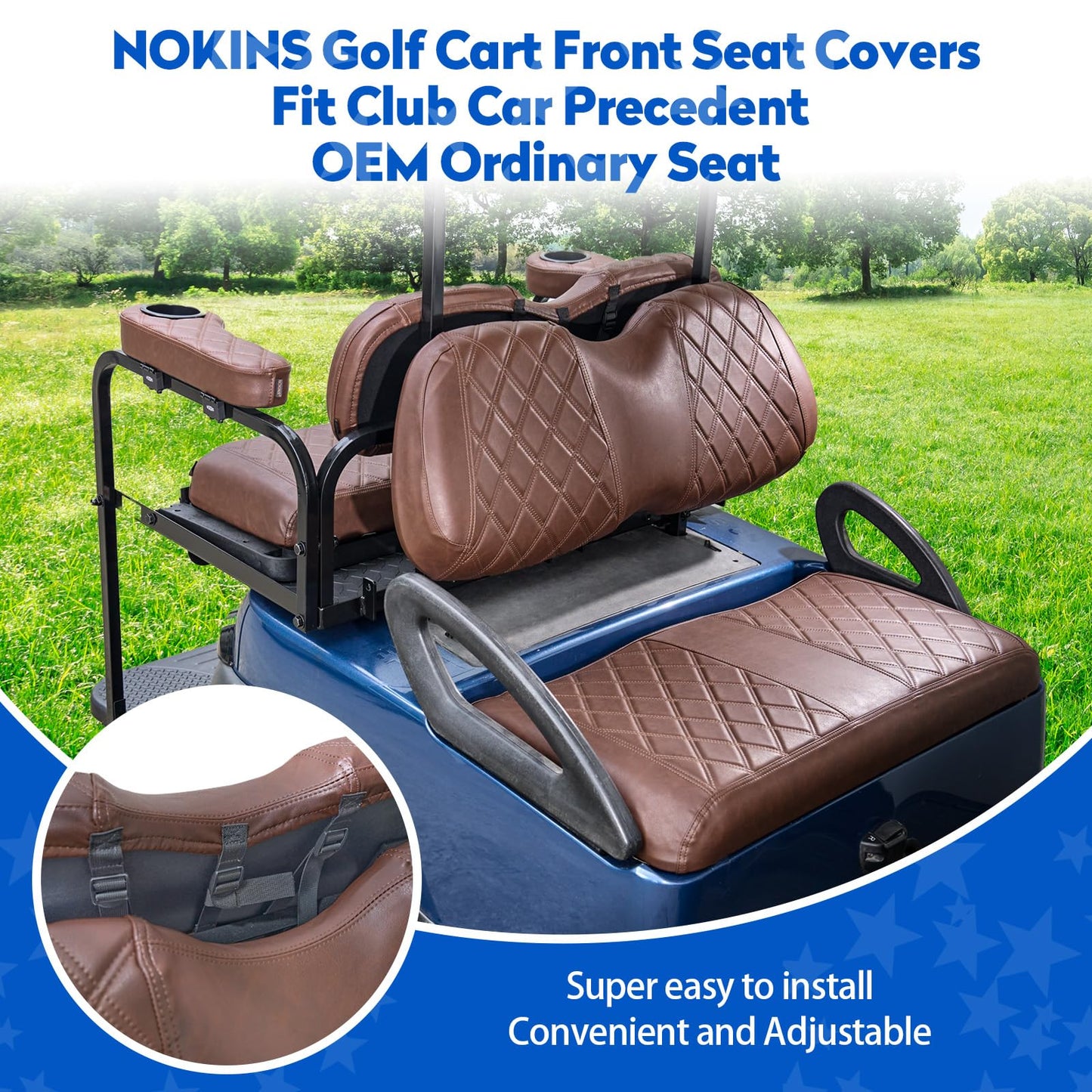 NOKINS Golf Cart Seat Covers for Club Car Precedent, Vinyl Front&Rear Seat Cover with Flip-Up Armrests kit, with Cup Holder, for 1" Square Tube(Brown&Brown 8438)
