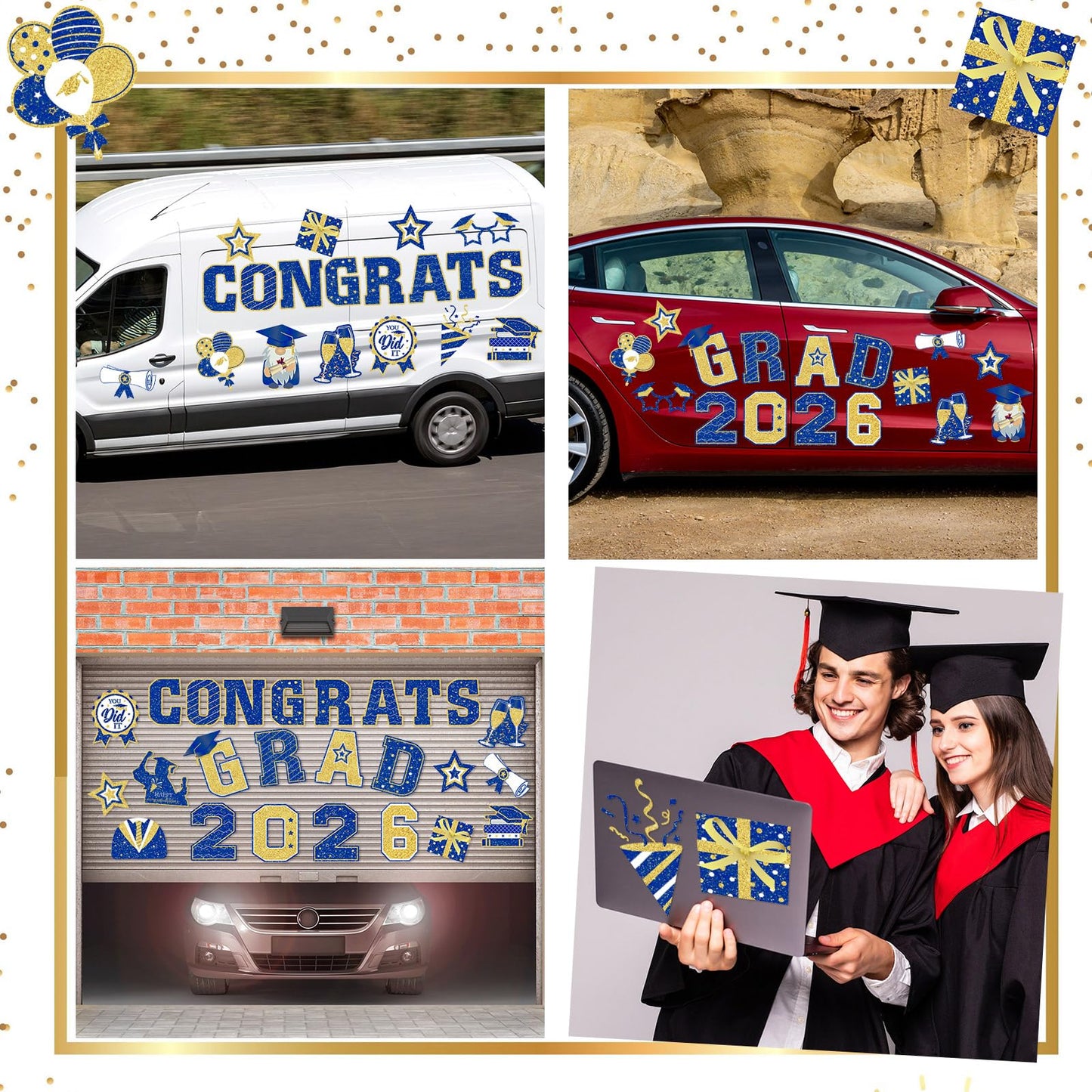 Landhoow 30 Pcs Graduation Car Magnets 2026 Senior Graduation Car Decoration Bumper Sticker Congrats Grad Magnet Magnetic Refrigerator Decal for Grad Parade Party Supplies(Blue, Gold)