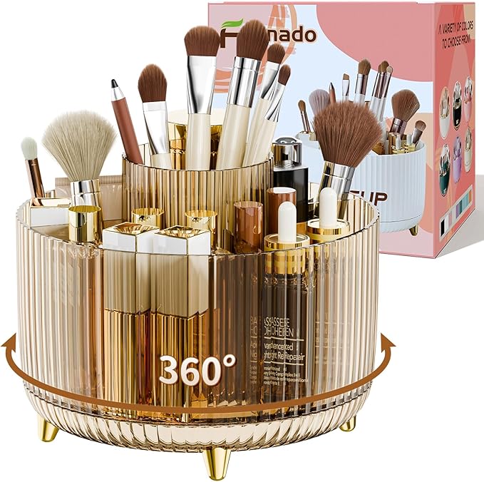 360ð Rotate Makeup Brush Holder Organizer, Makeup Organizers Countertop, Makeup organization and Skincare Storage for Vanity, Desktop, Bathroom (Clear Amber)