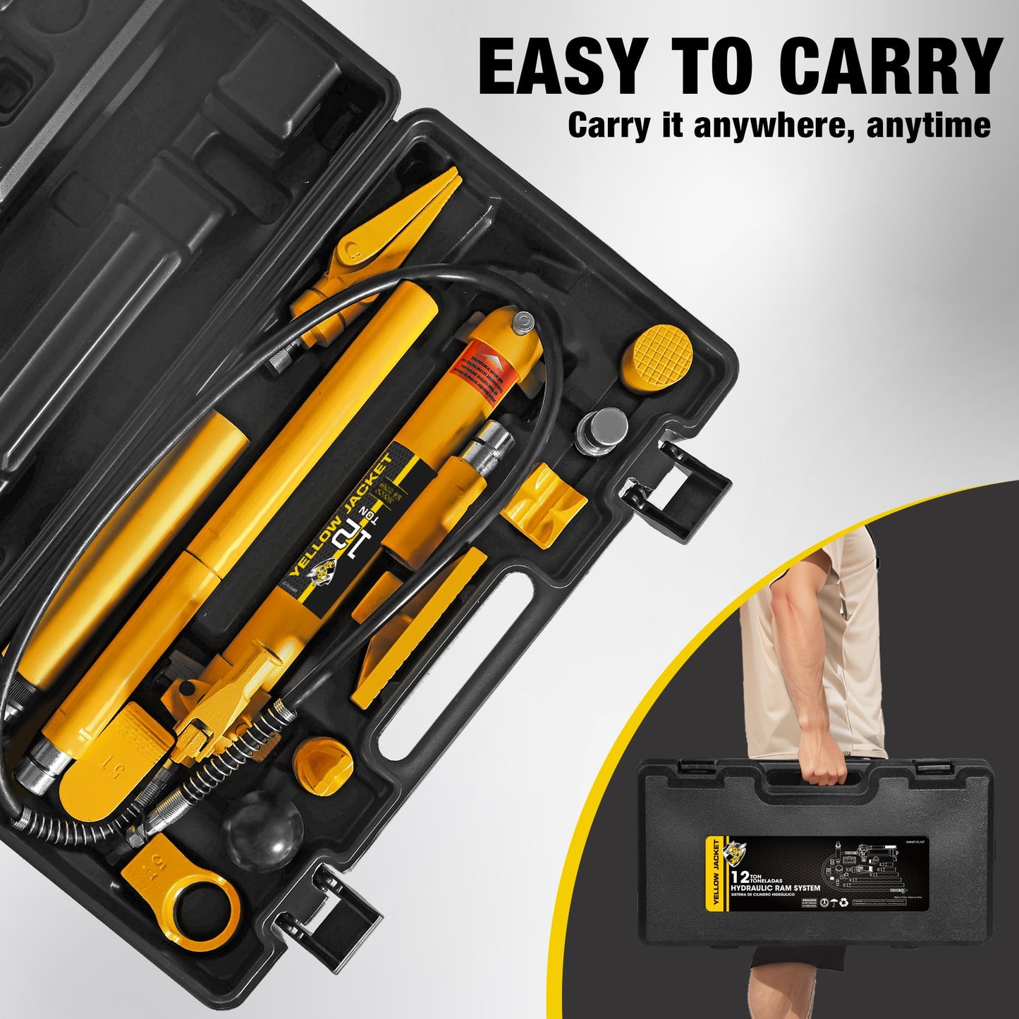 YELLOW JACKET 12 ton Porta Power Kit Hydraulic Ram Jack Pusher Puller Auto Body Frame Repair Tool with Blow Mold Carrying Storage Case for Car Repair,Truck,Farm