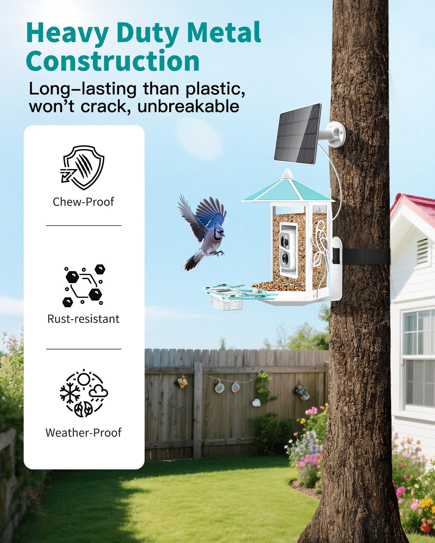 Bird Feeder with Camera - All-Metal Chewproof Smart Camera Bird Feeder Solar Powered, 2K Live Stream for Outdoor,AI Identify Auto Capture Videos, Weatherproof Heavy Duty, Gifts for Mom Dad